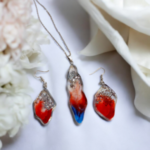 Σετ κολιέ και σκουλαρίκια από υγρό γυαλί κόκκινα και ασημί