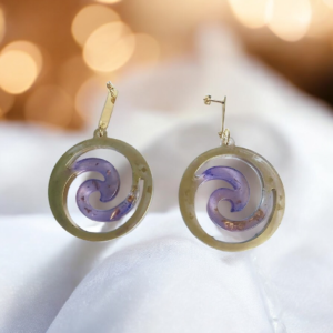 Σκουλαρίκια από υγρό γυαλί, κρεμαστά μεγάλα, χρυσό-μωβ με φύλλα χρυσού