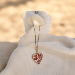 Κολιέ καρδιά με υγρό γυαλί και φύλλα μπρονζέ