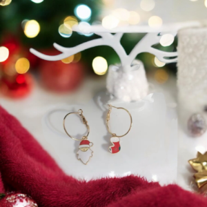 Σκουλαρίκια Κρεμαστά Χριστουγεννιάτικα με κρίκους, Άγιος Βασίλης/Κάλτσα