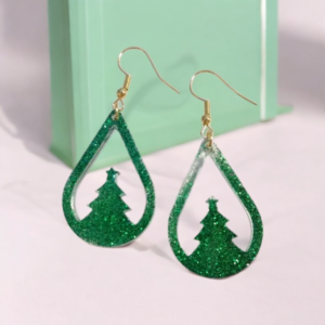 Χειροποίητα χριστουγεννιάτικα σκουλαρίκια από υγρό γυαλί, Έλατο Πράσινο