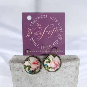 Κρεμαστά χειροποίητα σκουλαρίκια στρογγυλά με υγρό γυαλί, τριαντάφυλλα ροζ