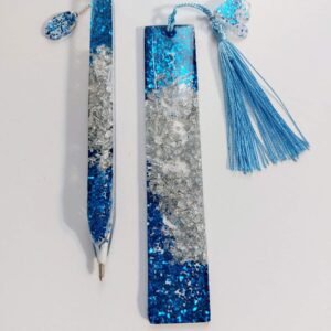 Alternative view of Σετ χειροποίητο στυλό και σελιδοδείκτης από υγρό γυαλί μπλε-ασημί