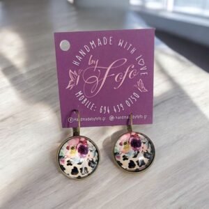 Χειροποίητα κρεμαστά βιντάζ σκουλαρίκια χάλκινα με υγρό γυαλί μωβ λουλούδια