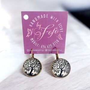 Χειροποίητα χάλκινα κρεμαστά σκουλαρίκια από υγρό γυαλί με το δέντρο της ζωής