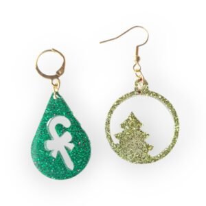 Alternative view of Χειροποίητα χριστουγεννιάτικα σκουλαρίκια από υγρό γυαλί, Πράσινο ζαχαροκάλαμο/Χρυσό Δέντρο Στρογγυλό