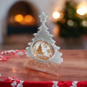 Alternative view of Χειροποίητο επιτραπέζιο δέντρο σε βάση ασημένιο και κοράλλι με κρεμαστή μπάλα από υγρό γυαλί