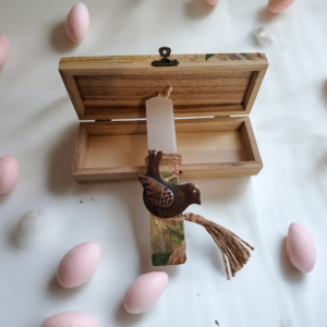 Alternative view of Χειροποίητη λαμπάδα πλακέ λευκή με ντεκουπάζ  πουλάκι Σετ με κουτί