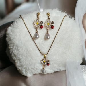 Σετ σκουλαρίκια και κολιέ με λευκή μαργαρίτα πασχαλίτσα και λευκή πέρλα