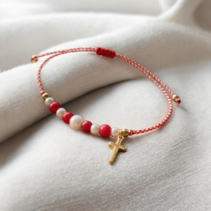 Μαρτάκι χειροποίητο με χάντρες λευκό κόκκινο και σταυρουδάκι